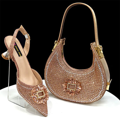 2025 Nigerian Women's Party Shoes and Bags Medium Heel Pointed Toe Elegant Party Footwear With Matching Color Handbag for Women