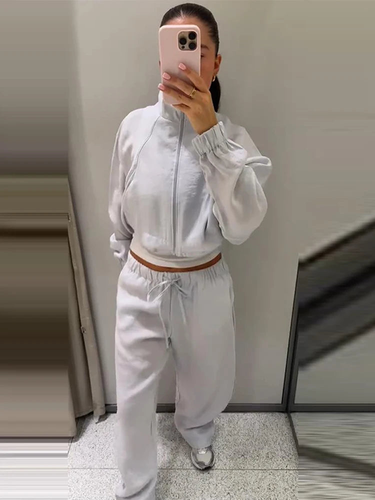 Stand Collar Thin Cropped Coats Pants Suits Women Street Lantern Long Sleeve Zipper Loose Tops Drawstring Wide Leg Trousers Sets