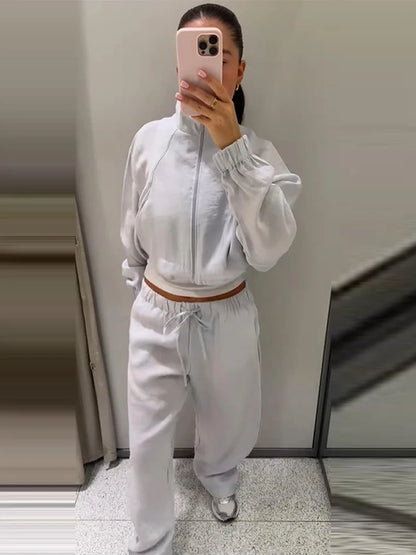 Stand Collar Thin Cropped Coats Pants Suits Women Street Lantern Long Sleeve Zipper Loose Tops Drawstring Wide Leg Trousers Sets