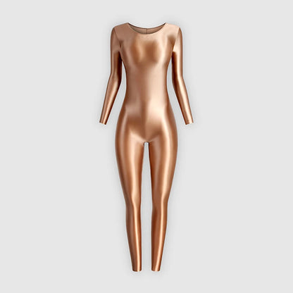 MJINM Women Shiny Oil One Piece Long Sleeve Zentai Suits Yoga Sports Jumpsuits Glossy Tights Cosplay Fitness Bodysuits Overalls
