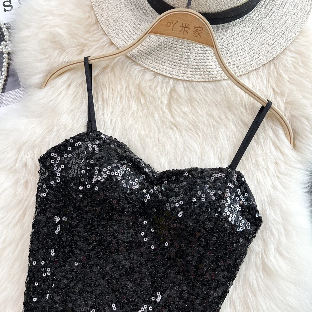 Sexy Sequin Party spaghetti Croset Bustier backless Slim Tanks and Camis Strap Glitter Crop Top Fashion Summer Women Clothes Y2k