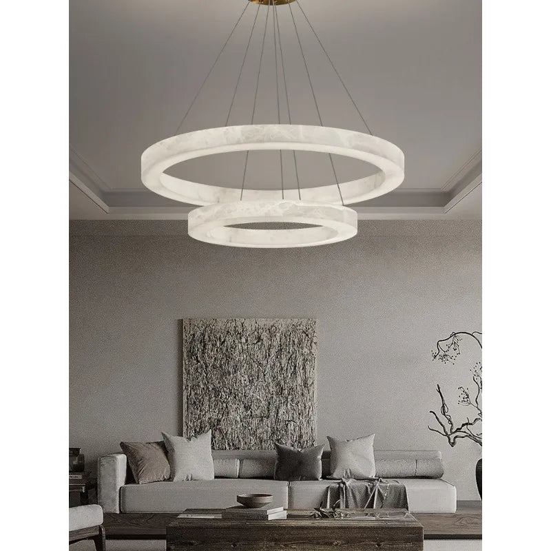 Round Faux Marble Chandelier Lights for Living Room Dining Room Resin Marble-effect Hanging Pendant Lamp Ring for High Ceiling