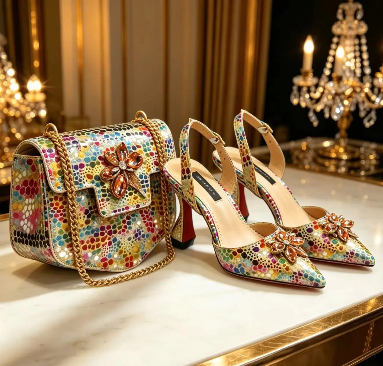 Venus Chan Elegant Rhinestone Heels & Matching Bag Set, Colorful Print Pointed Toe Block Heels for Banquet Club Night
