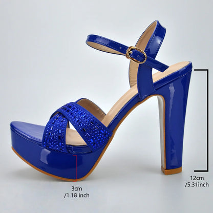 Blue Rhinestone Sandals With Platform Summer Party Dress Luxury Shoes For Woman 12CM Thick High Heels Cross Band Elegant Sandals