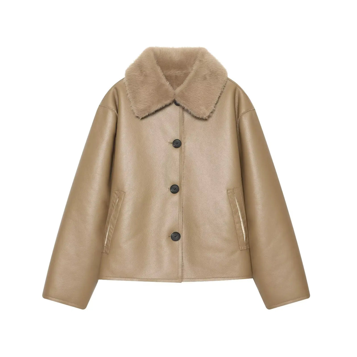 KONDALA Casual Chic Chocolate Brown Leather Fur Coat Women Double Wear Buttons Pockets Jacket Fashion 2025 Autumn Winter Outwear
