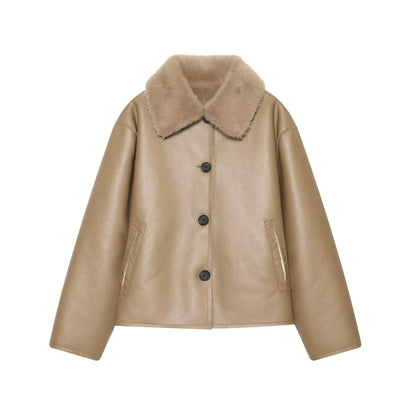 KONDALA Casual Chic Chocolate Brown Leather Fur Coat Women Double Wear Buttons Pockets Jacket Fashion 2025 Autumn Winter Outwear