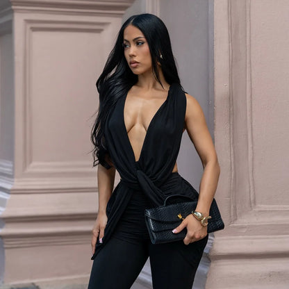 FLARORA Sexy Cross Knot Ruched Flare Jumpsuits Woman Chic Deep V Sleeveless Backless Peach Hip Skinny Playsuits Party Clubwear