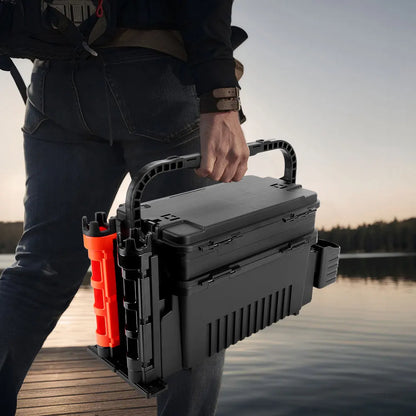 2 Tier Fishing Tackle Box Fishing Gear Box with Cup & Rod Holder Fishing Gear Carry Case Fishing Tool Box Fishing Accessories