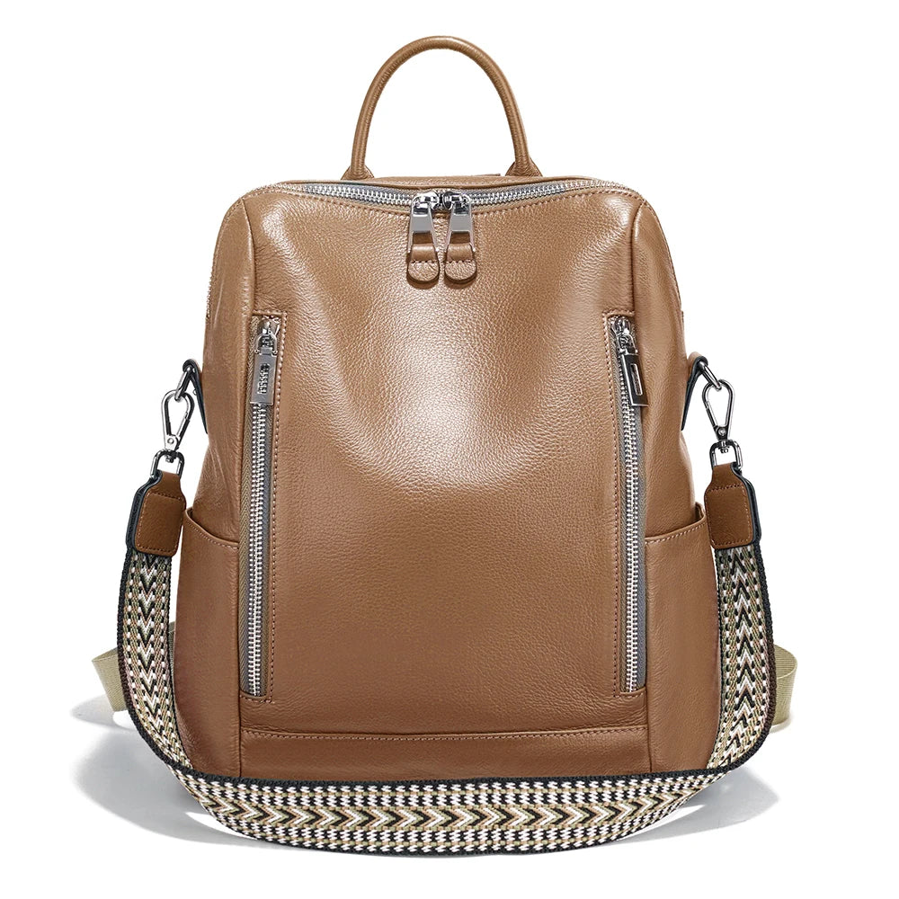 Zency Fashion Genuine Leather Backpack Knapsack Multi-pocket Day Pack Travel Convertible Shoulder Bag for Fall Winter Commuter