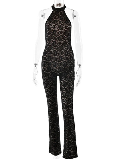 Fantoye Sexy Backless Lace Patchwork Women Jumpsuit Black Sleeveless High Elastic Rompers Spring Bodycon Elegant Party Clubwear