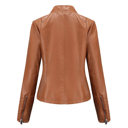 2026 Women's Bright Red V-neck Leather Jacket, Fashion Slim PU Coat, Black Short Outerwear Asia Size XS S M L XL XXL