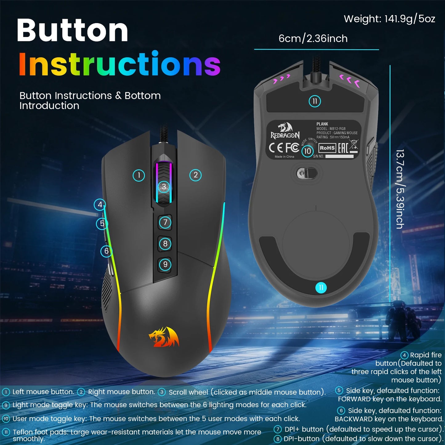 FocusOnPC X11 RGB Gaming Mouse, Wired Connection, 8000 DPI, 9 Programmable Buttons, Ergonomic Computer Gaming Mice for PC Gamers