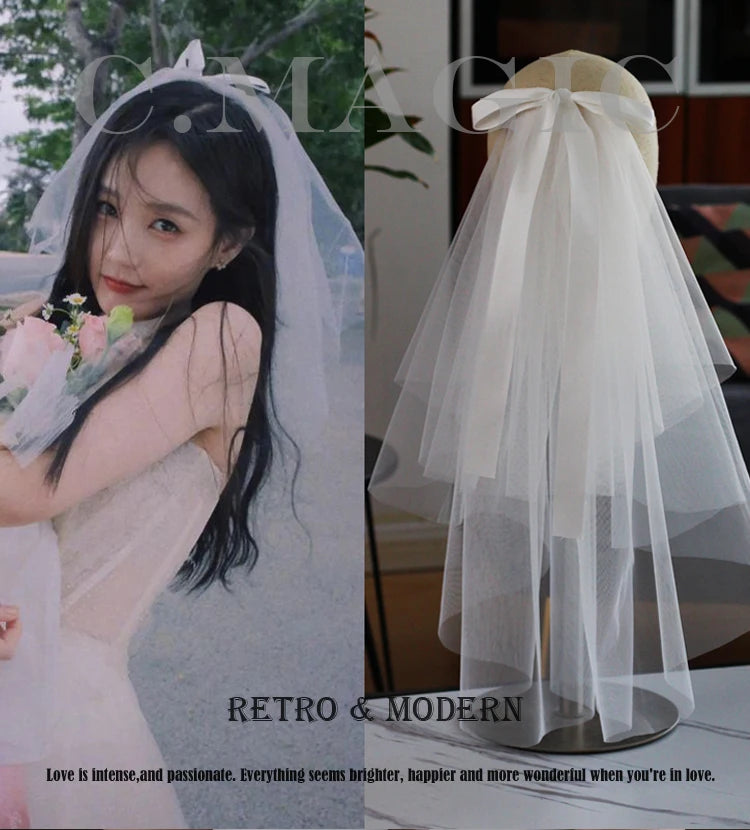LA003 Bridal Veil Two-Layer Plain Tulle Satin Bow Handmade White Short Headdress Veil for Wedding Dress