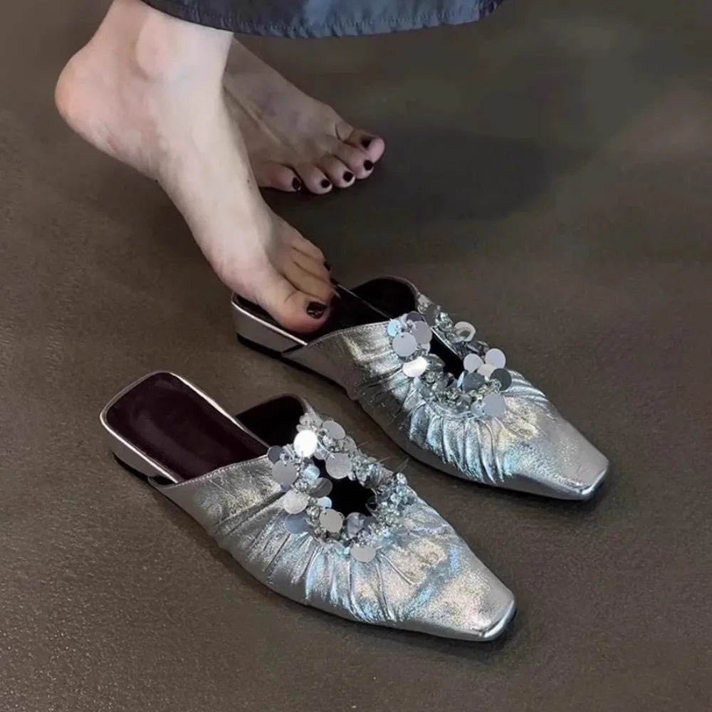 Women Mules Shoes Bling Flats Square Toe Slippers Elegant New 2025 Summer Sandals Dress Party Luxury Woman Slingback Shoes Mujer