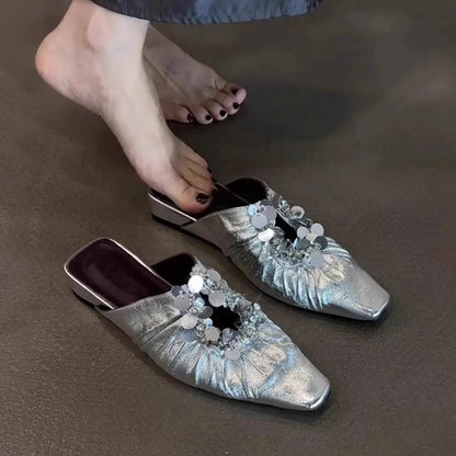Women Mules Shoes Bling Flats Square Toe Slippers Elegant New 2025 Summer Sandals Dress Party Luxury Woman Slingback Shoes Mujer