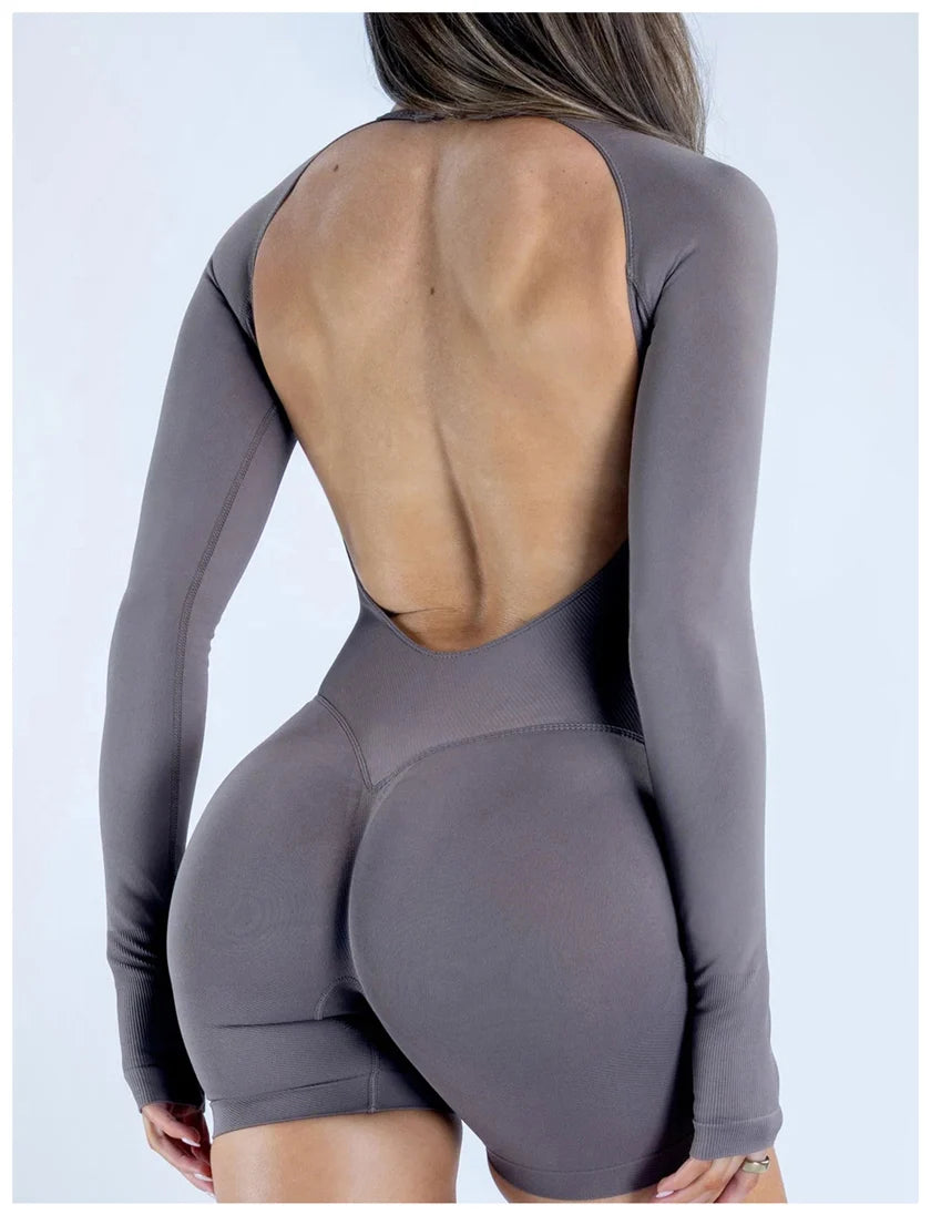 Seamless Long Sleeve One Piece Gym Clothes Women Padded Yoga Bodysuit Open Back Fitness Workout Jumpsuit Scrunch Butt Sportswear