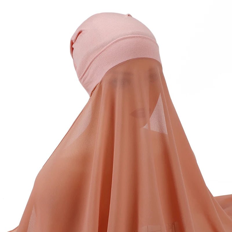 Muslim Women Bonnet + Chiffon Shawl Instant Under Scarf Cap Islam Inner Scarf Headband Stretch Hijab Cover Headwrap Turbante