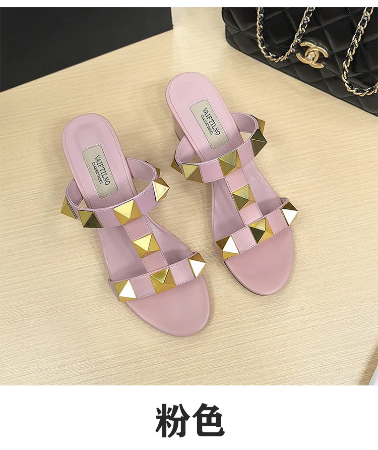 Women's Heels Sandals Gladiator Summer Luxury Brand Designer Rivets Open Toe Slipper Slingbacks Comfortable Ladies Shoes Women