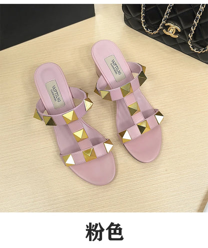 Women's Heels Sandals Gladiator Summer Luxury Brand Designer Rivets Open Toe Slipper Slingbacks Comfortable Ladies Shoes Women