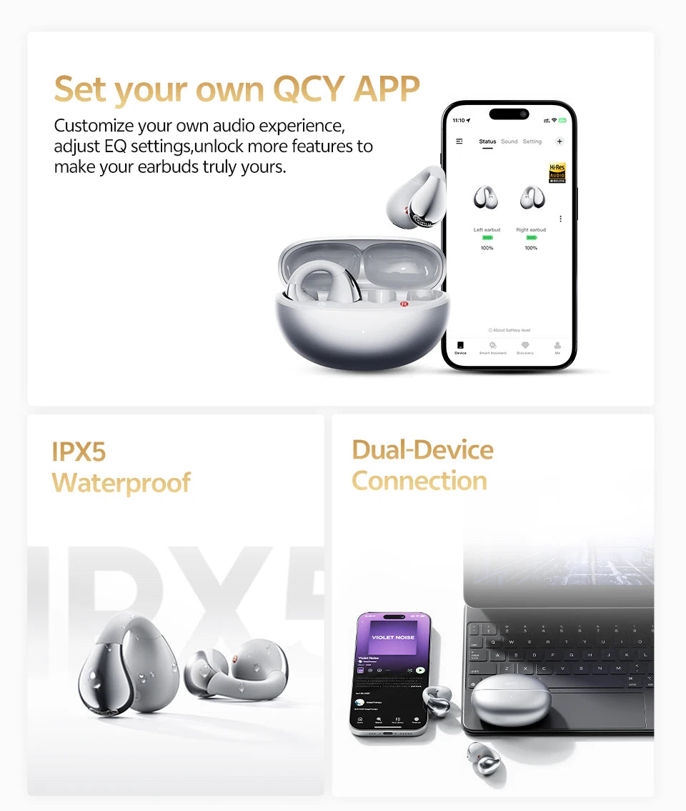QCY Crossky C30S Open Ear Wireless Earphones Hi-Res with LDAC Ear Clip Earbuds Bluetooth 6.0 Clip On OWS Sports Headphones 40Hrs