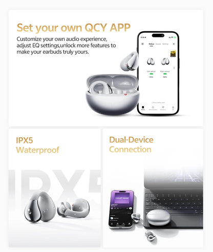 QCY Crossky C30S Open Ear Wireless Earphones Hi-Res with LDAC Ear Clip Earbuds Bluetooth 6.0 Clip On OWS Sports Headphones 40Hrs