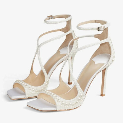 2025 Summer New Luxury White Pearls Decorated Women's Sandals Ankle Straps High Heels Square Toe Party Wedding Sexy Femme Shoes