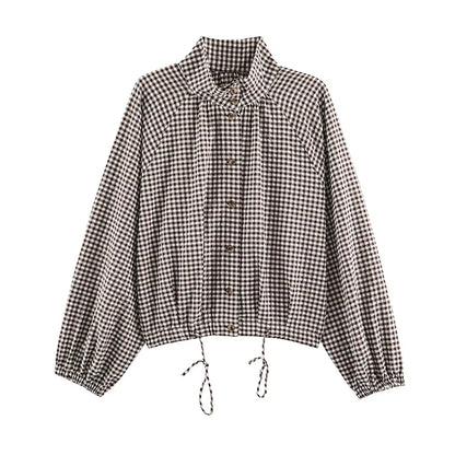 Plaid Short Trench Coat Women Lapel Collar Double Breasted Belted Waist Long Sleeve Loose Jacket 2026 Autumn Casual Chic Coats