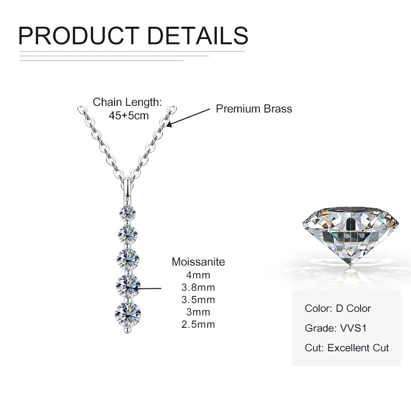 Rrjzz D Color Round Moissanite Pendant Necklace for Women 14K Gold Filled 5-Stone Lab Imitation Diamond Necklace GRA Certified