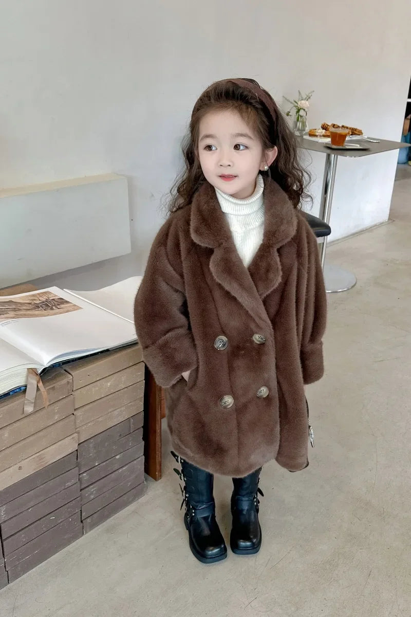 Children Fur Coat Girls Mink Fur Medium Length Coat Children Autumn and Winter Thick Warm Fur Coat Fashiono and Warm