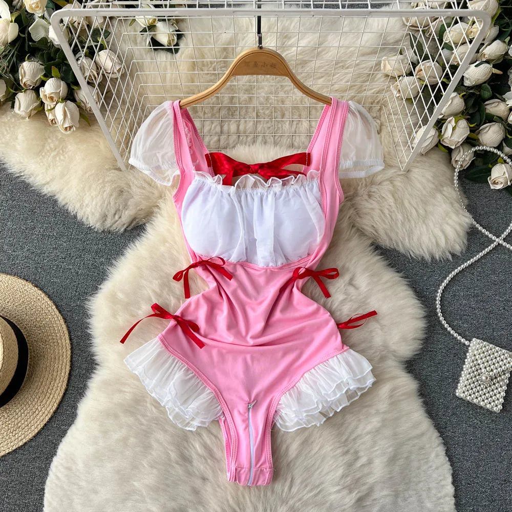 Coquette Lace Lingerie Set Sexy Mesh Bodysuit Valentines Day Sleepwear Gothic Strappy Catsuit Intimate Nightwear Romper