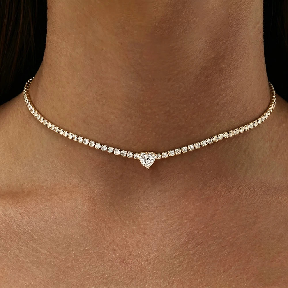 Heart Pendant 2mm Moissanite Tennis Necklace Certified 925 Sterling Silver Wedding Jewelry Riviera Choker Necklace Gift for Her