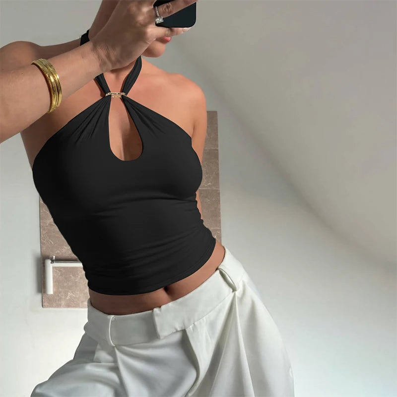 Hugcitar Women Fashion Halter Solid Loop Backless Bandage Sexy Crop Tank Top 2025 Summer Casual Clothes Streetwear Vacation Club
