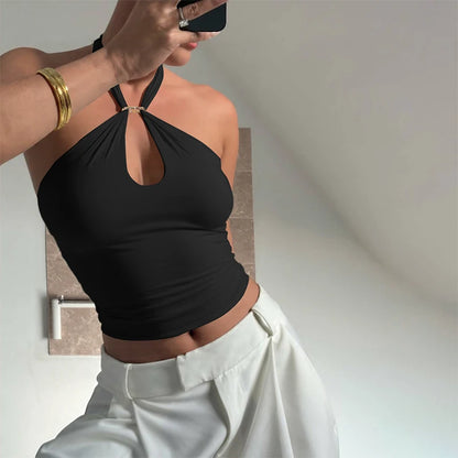 Hugcitar Women Fashion Halter Solid Loop Backless Bandage Sexy Crop Tank Top 2025 Summer Casual Clothes Streetwear Vacation Club