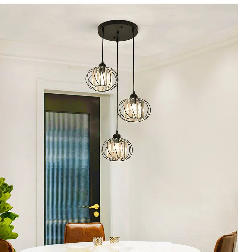 Crystal LED Pendant Lights For Dining Room Living Room Nordic Black Iron Shade 1/3 Lights Kitchen Decor Hanging Ceiling Lamp