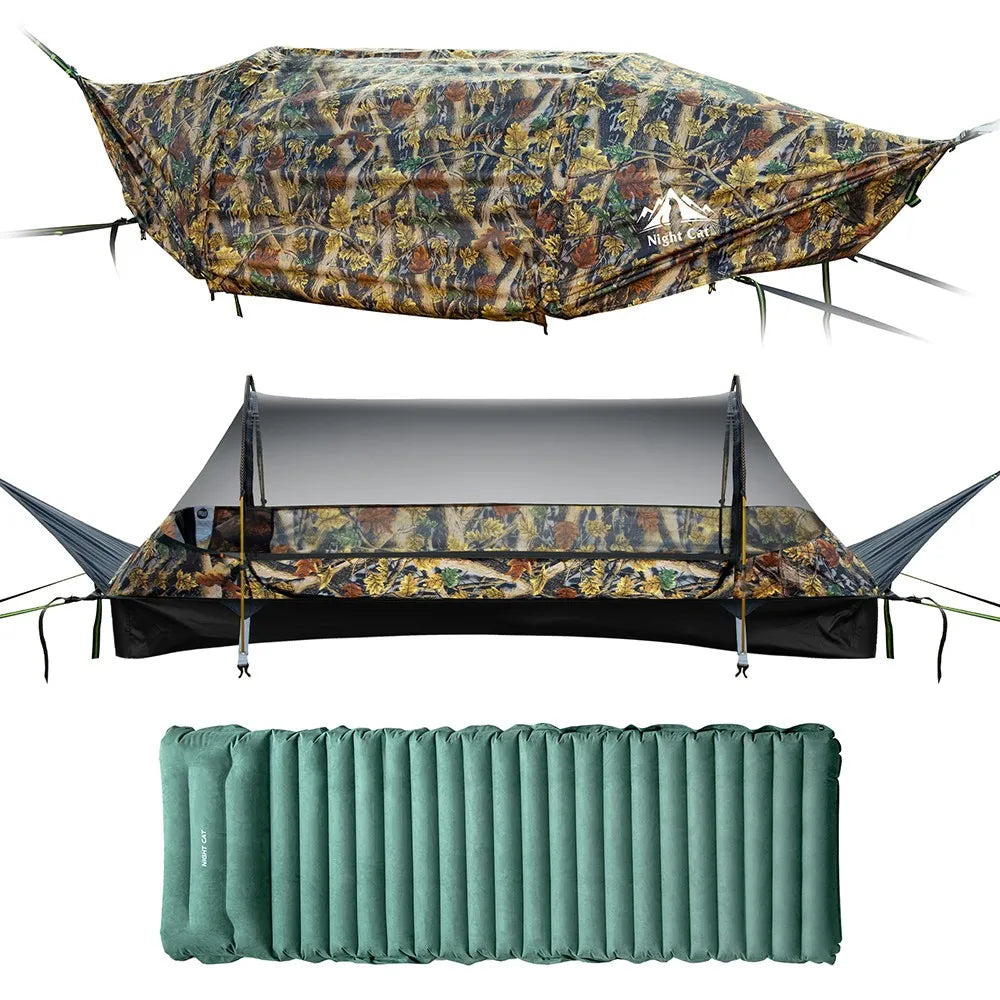 Night Cat Flat Lay Hammock Tent with Mosquito Net Sleeping Air Pad and Waterproof Rainfly for 1 Person Backpacking Hiking Camping Lightweight 330LBS 87x28x19in