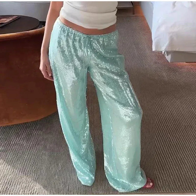 Women Solid Sequined Straight Pants Loose High Waist Wide Leg Trousers Lady Summer Chic Y2K High Street Pants