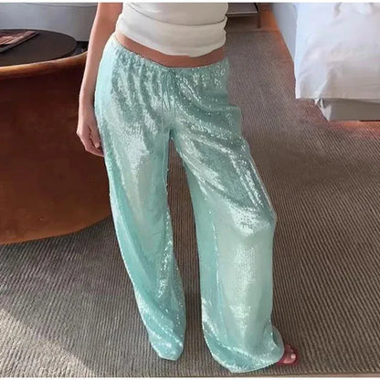 Women Solid Sequined Straight Pants Loose High Waist Wide Leg Trousers Lady Summer Chic Y2K High Street Pants