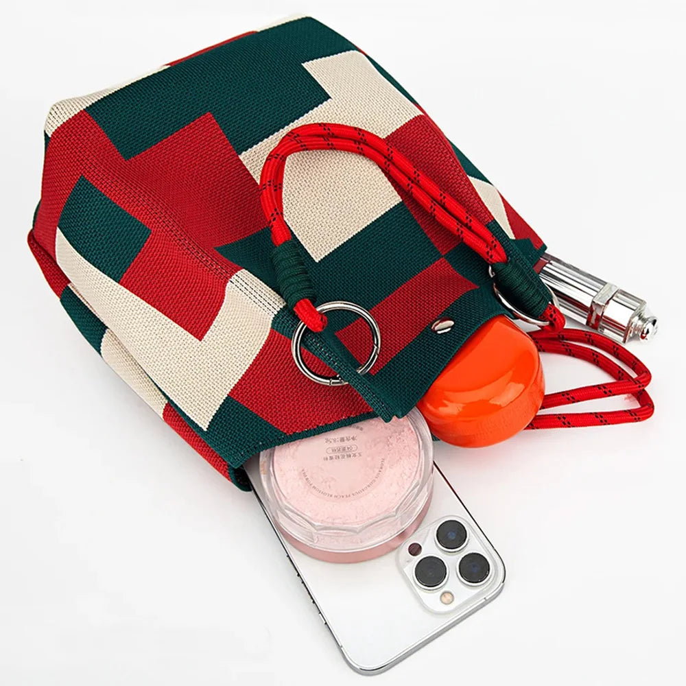 Women's Color Block Knit Tote Bag Bucket Bag Storage Bag with Adjustable Straps & Metal Rings Snap Closure for Casual Travel