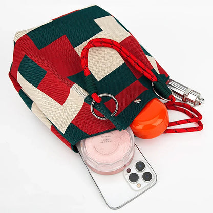 Women's Color Block Knit Tote Bag Bucket Bag Storage Bag with Adjustable Straps & Metal Rings Snap Closure for Casual Travel