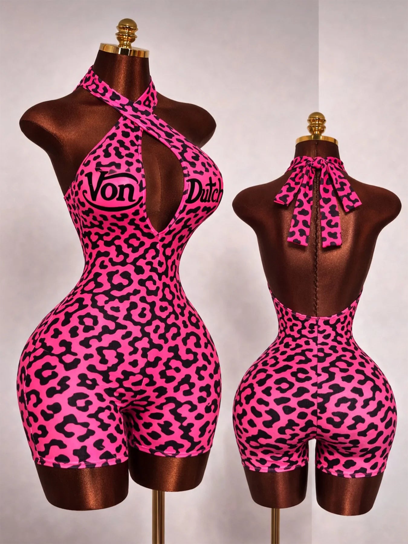 Women Jumpsuit Spring Summer Fashion Letter Print Crossed-Neck Deep V Backless Shorts Jumpsuit Girl Sexy Leopard Bodycon Rompers