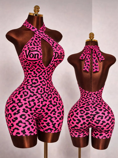 Women Jumpsuit Spring Summer Fashion Letter Print Crossed-Neck Deep V Backless Shorts Jumpsuit Girl Sexy Leopard Bodycon Rompers