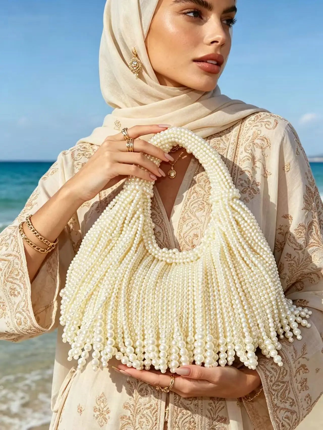 Luxury Handmade Faux Pearl Beaded Evening Clutch, Vintage Fringe Detail Shoulder Bag, Elegant Party Wedding Handbag for Women