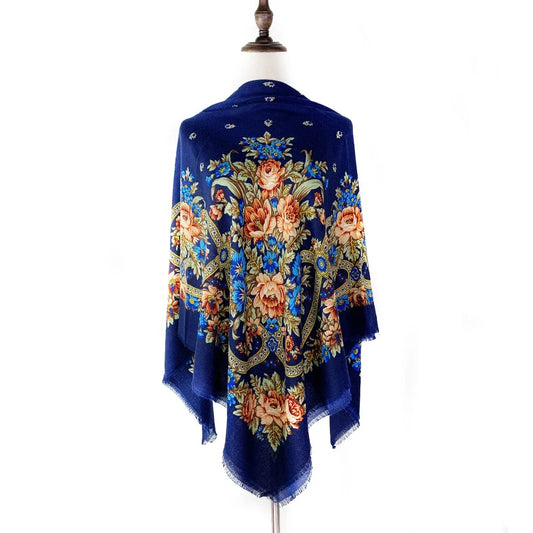 130*130cm Breathable Thin Russian Square Scarf Women Luxury Floral Print Ethnic Retro Bandana Shawl Foulard Femme Beach Stole
