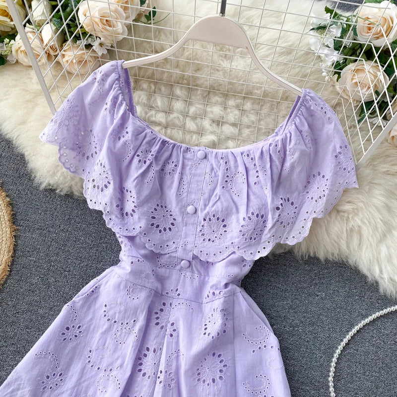 Sexy Slash Neck Women Jumpsuits 2026 New Sweet Ruffles Hollow Solid Rompers Summer Fashion Wide Leg Short Rompers