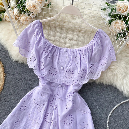 Sexy Slash Neck Women Jumpsuits 2026 New Sweet Ruffles Hollow Solid Rompers Summer Fashion Wide Leg Short Rompers