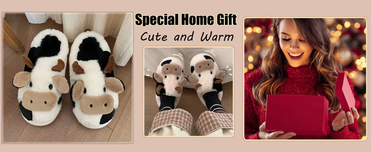 Shevalues Plush Cartoon Milk Cow Slippers Winter Women Slippers Furry Non-Slips Women Cotton Slides Couples Soft Cozy Flat Shoes