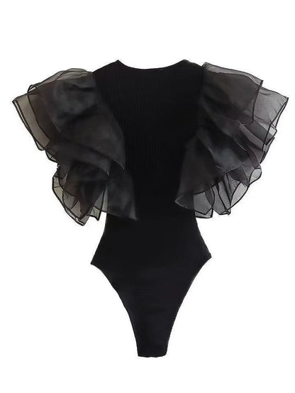 Women Mesh Patchwork Bodysuits Rompers Fashion Female Elegant Tops