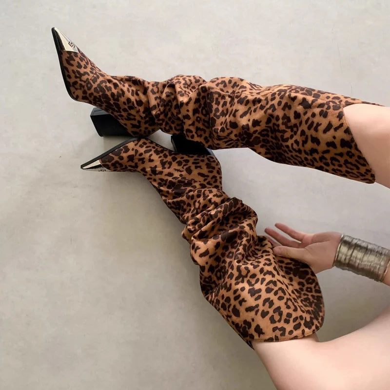ZAROY Punk Metal Pointed Toe Knee High Boots Women Winter Retro Leopard Print Square Low Heels Pleated Western Cowboy Long Botas