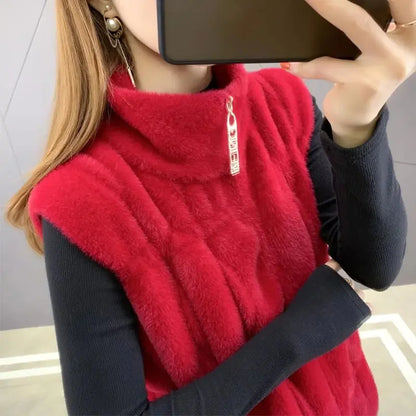 Imitation Mink Fur Sweater Vest Women's Autumn Winter Outerwear 2024 New Waistcoat Female Sleeveless Jacket Zipper Cardigan Top