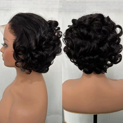 100% Human Hair Glueless Wigs 8" Short Loose Curly Glueless Pixie Cut 180% Density Brazilian Virgin Hair 13x4 Lace Frontal Wigs